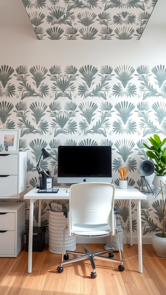 A bright home office with palm leaf patterned walls and ceiling, featuring a white desk and modern chair.