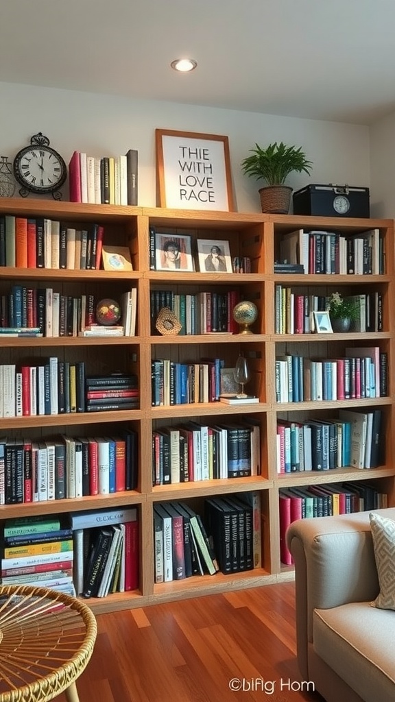 A cozy home library with wooden pallet shelves filled with books and decorative items.