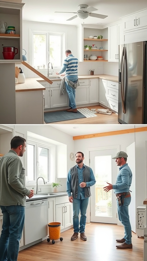 A modern kitchen with a person washing dishes and two men discussing renovation plans.