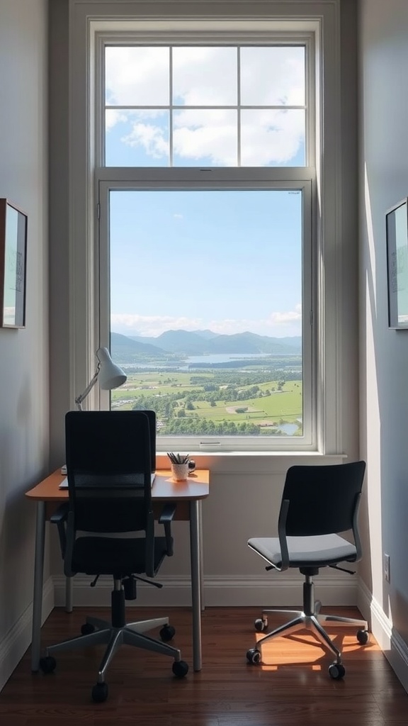 A double desk setup with two chairs facing a large window showcasing a view of nature and mountains.