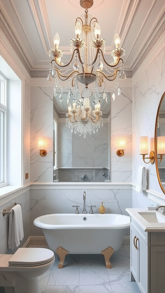 A luxurious bathroom featuring a chandelier with crystals and golden accents above a freestanding tub and marble walls.