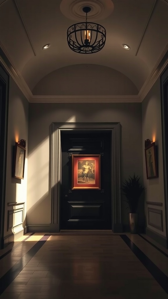 A beautifully lit hallway with spotlighting, featuring a chandelier and wall art.