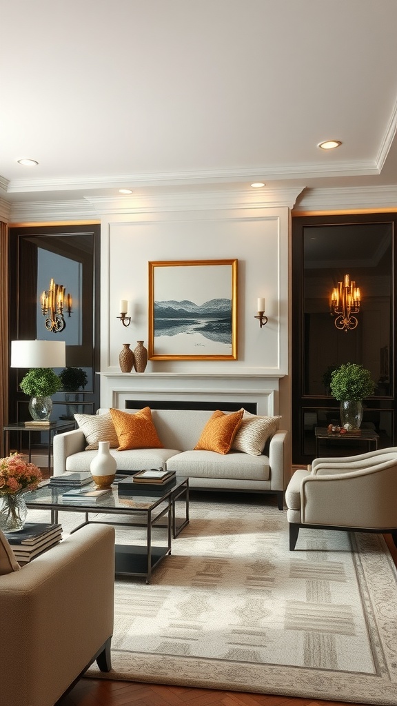 Cozy living room featuring elegant wall sconces, a neutral color palette, and stylish decor.