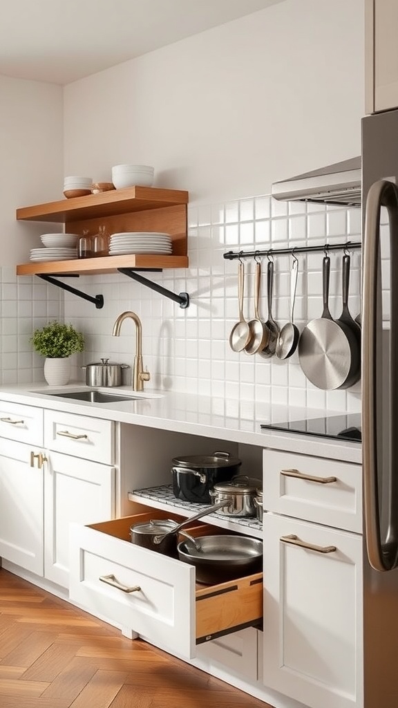 A modern farmhouse kitchen featuring drawer-style base cabinets in white with wooden accents, showcasing pots and pans inside.