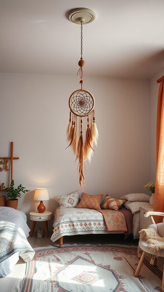 A boho-style bedroom featuring a dreamcatcher light fixture hanging from the ceiling.