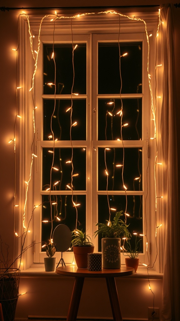 A window adorned with string lights, surrounded by plants and a table, creating a cozy atmosphere.