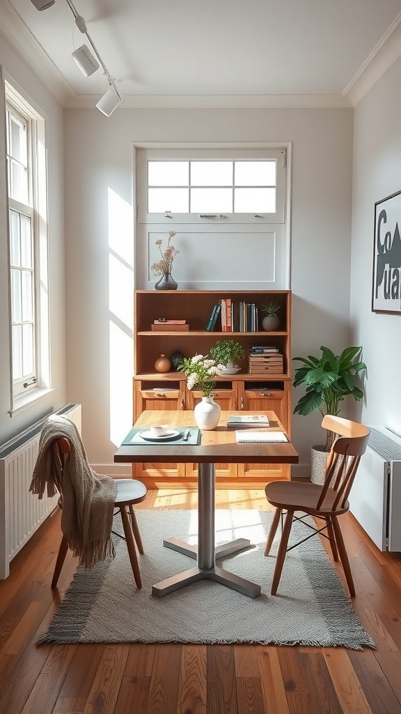 A small dining table with two chairs in a cozy room, featuring a bookshelf and plants, showcasing a dual-purpose space.