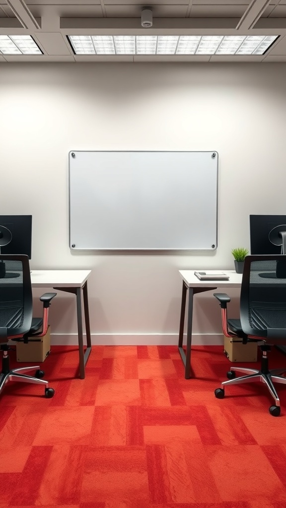 A 10x12 office layout featuring two workstations with chairs, a whiteboard, and a vibrant red carpet.