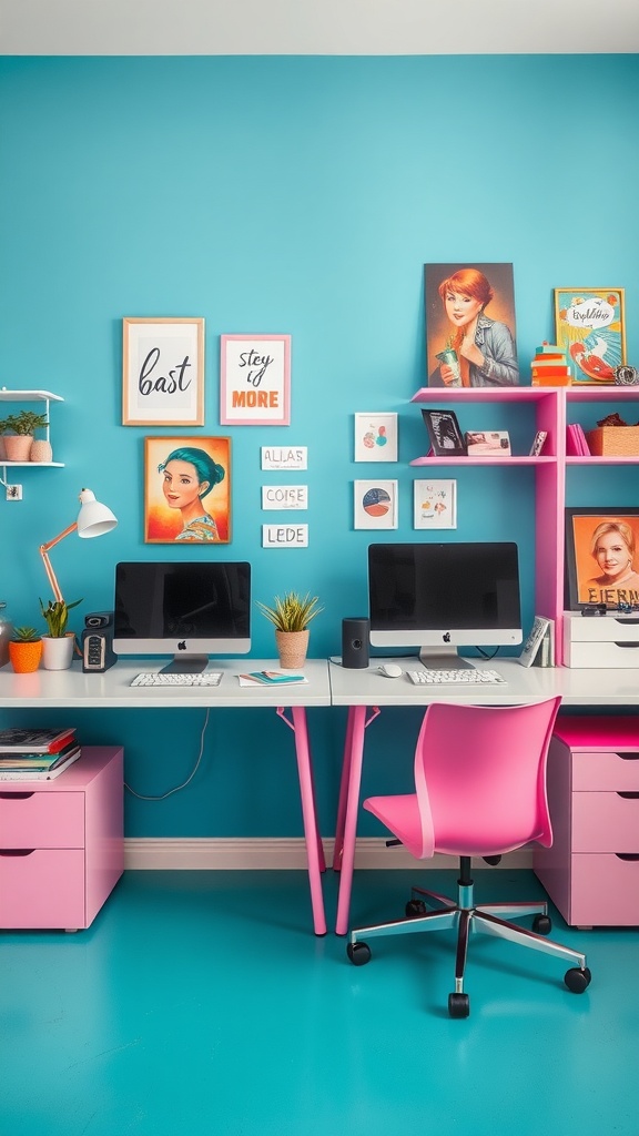 A bright dual workstation with turquoise walls, pink desks, and matching chairs, decorated with art and plants.