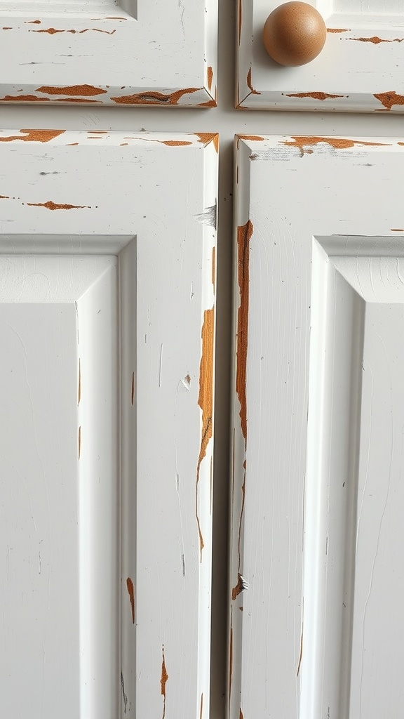 Close-up view of kitchen cabinet doors showing wear and chipped paint.