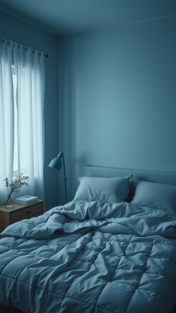 A cozy bedroom painted in Dusk Blue with soft bedding and natural light