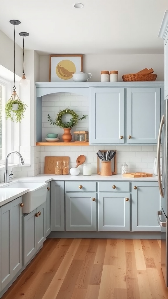 A kitchen with dusty blue cabinetry, white countertops, and wooden floors, featuring plants and decor.