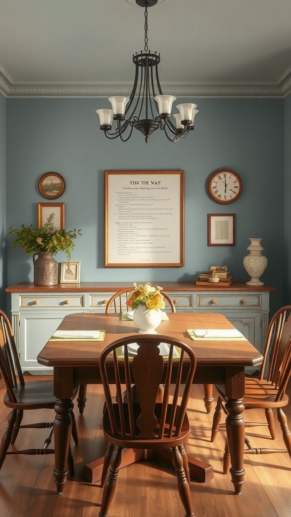 Dining room with dusty blue walls, wooden table, and elegant decor