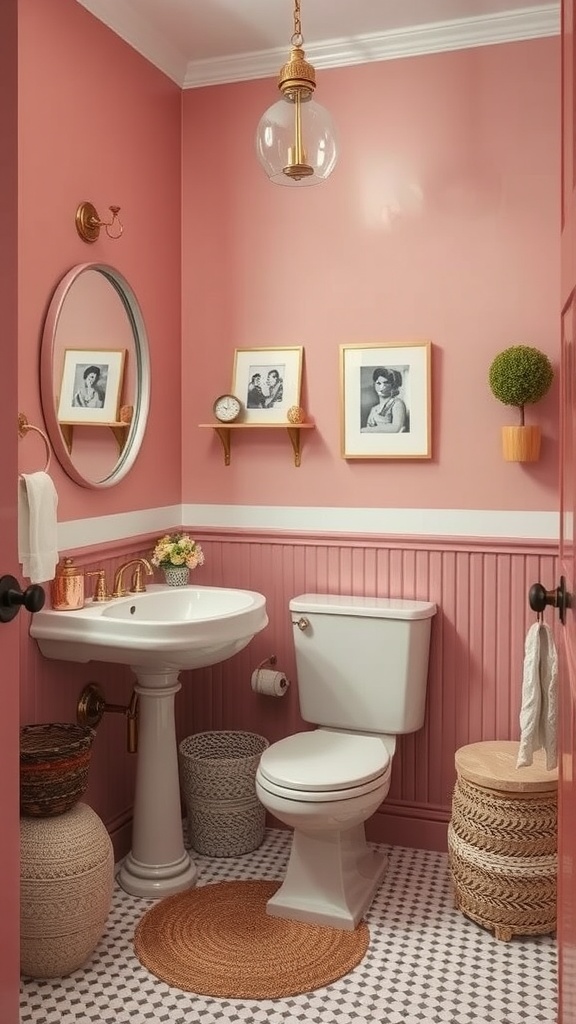 A small bathroom painted in dusty rose with elegant decor