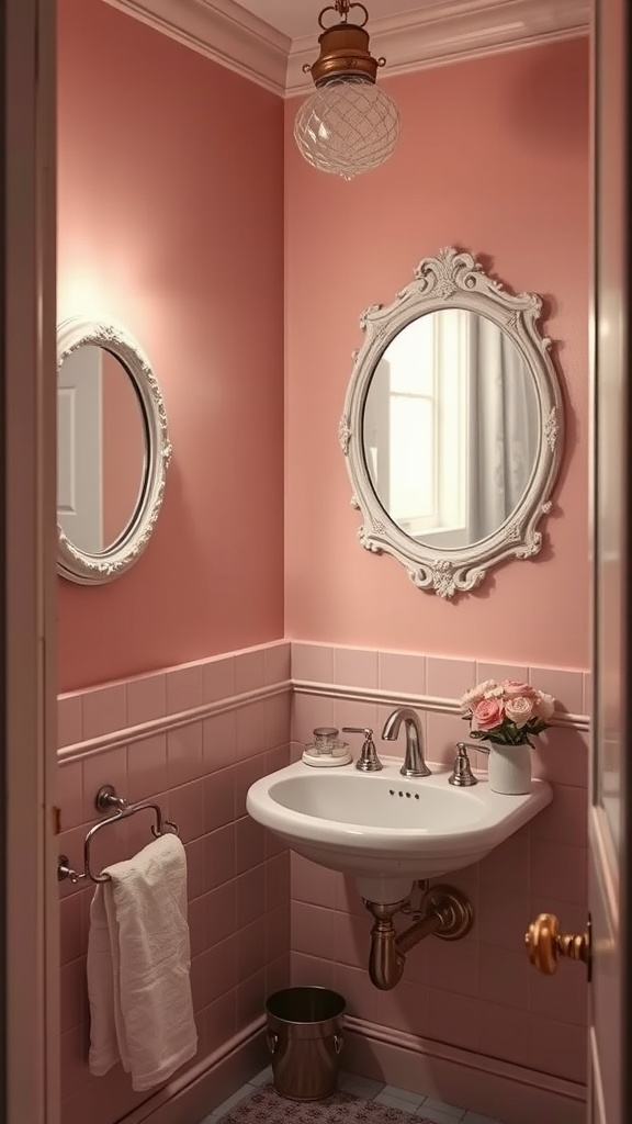 Small bathroom painted in dusty rose with elegant decor