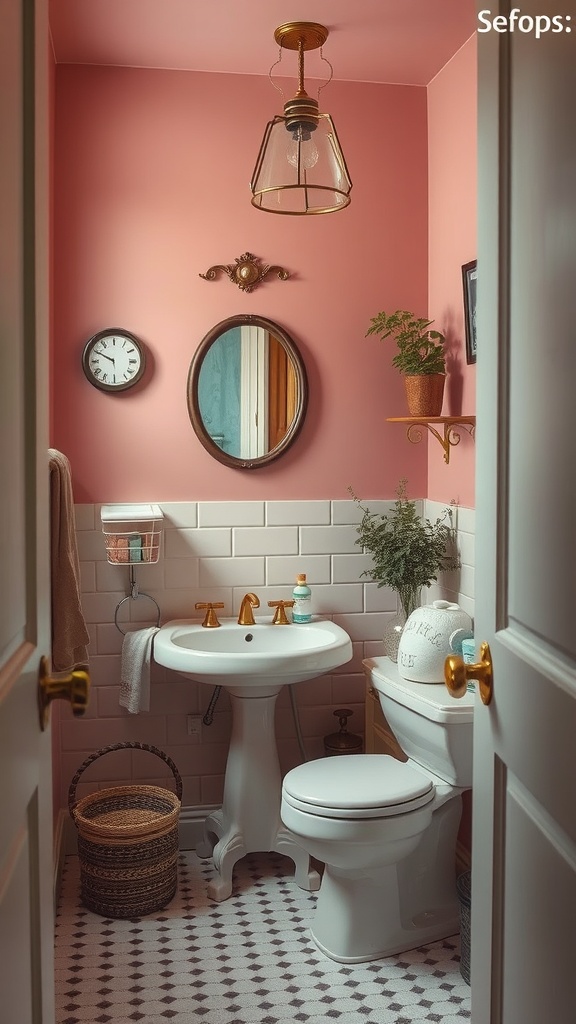 Small bathroom featuring dusty rose walls, vintage mirror, gold accents, and plants.