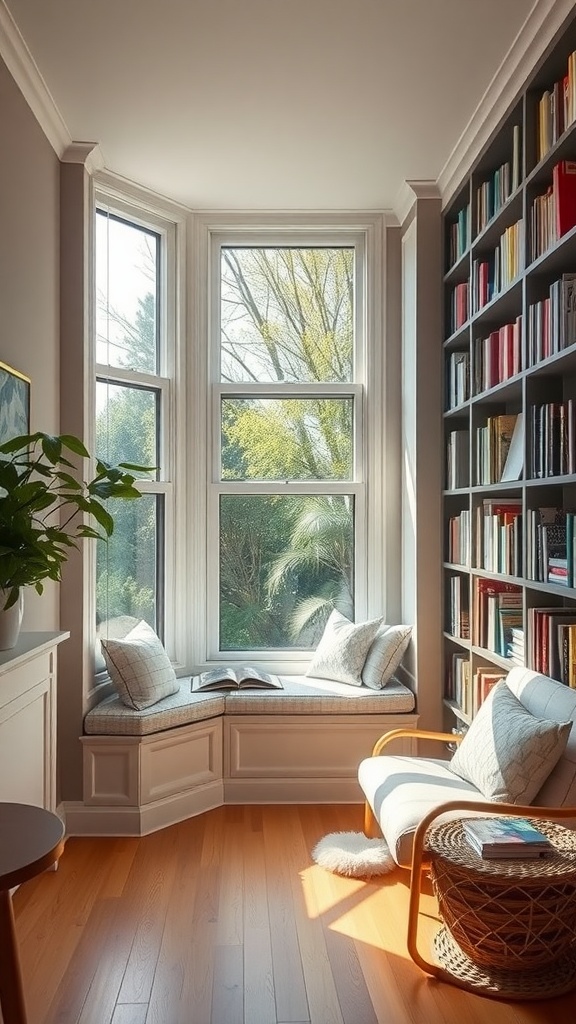 A cozy corner featuring a window seat with cushions, a bookshelf filled with books, and a warm wooden floor, creating a perfect reading nook.