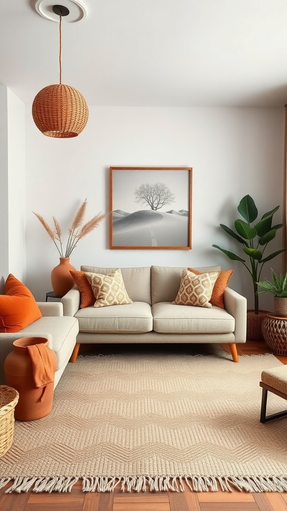 A cozy living room featuring neutral tones with terracotta accents, a beige couch, and vibrant orange pillows.