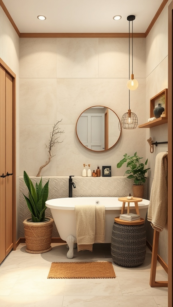 A cozy bathroom featuring earthy beige and cream tones, a freestanding bathtub, plants, and wooden accents.