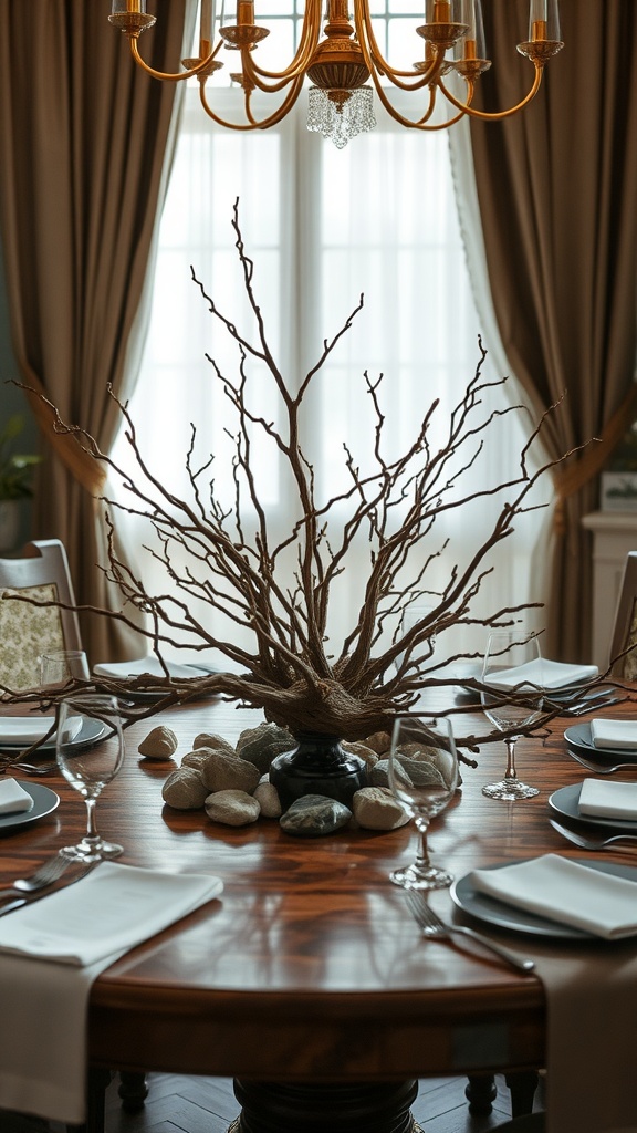 A rustic dining table centerpiece featuring twisted branches and stones, creating an earthy and inviting look.