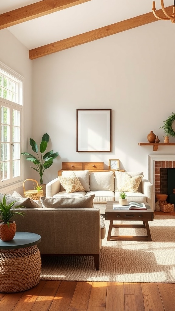 A bright, earthy living room with wooden beams, a light-colored couch, and decorative plants.