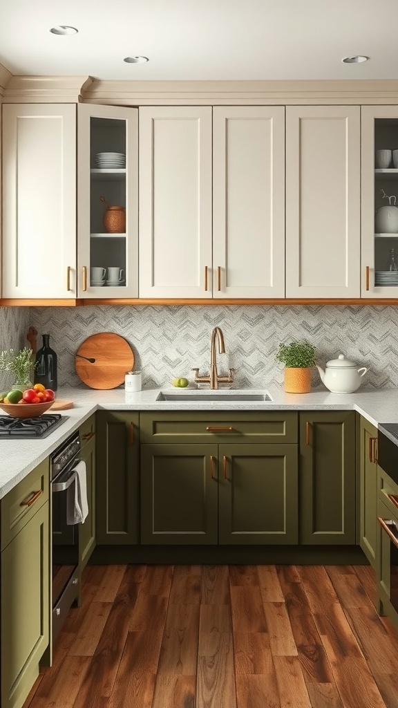 A kitchen with olive green lower cabinets and creamy white upper cabinets, featuring gold hardware and a herringbone backsplash.