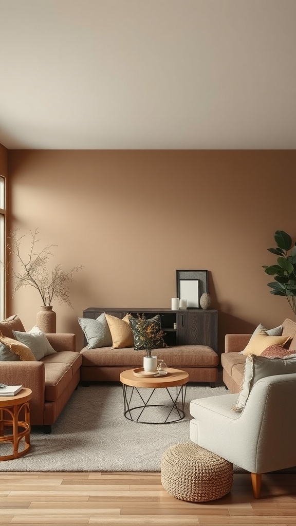 A cozy living room featuring earthy taupe walls, modern furniture, and warm accents.