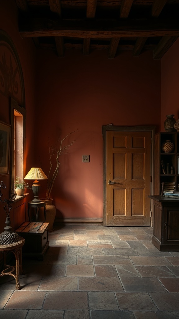 A cozy corner with terracotta walls, wooden beams, and rustic decor.