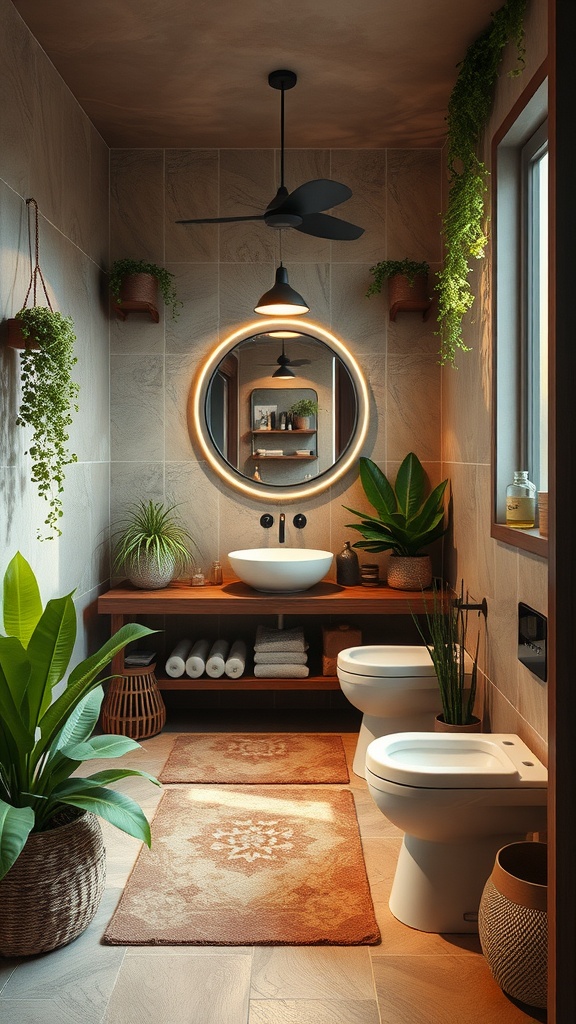 A stylish bathroom featuring earthy tones with plants, wooden shelves, and textured rugs.