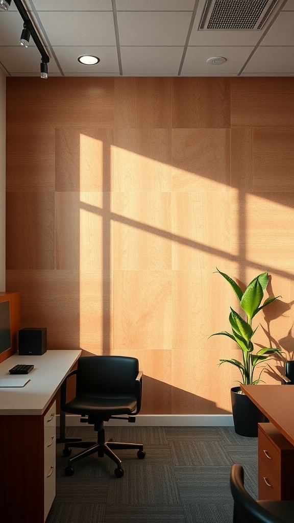 An office interior featuring a wooden accent wall with sunlight streaming in and a potted plant nearby.