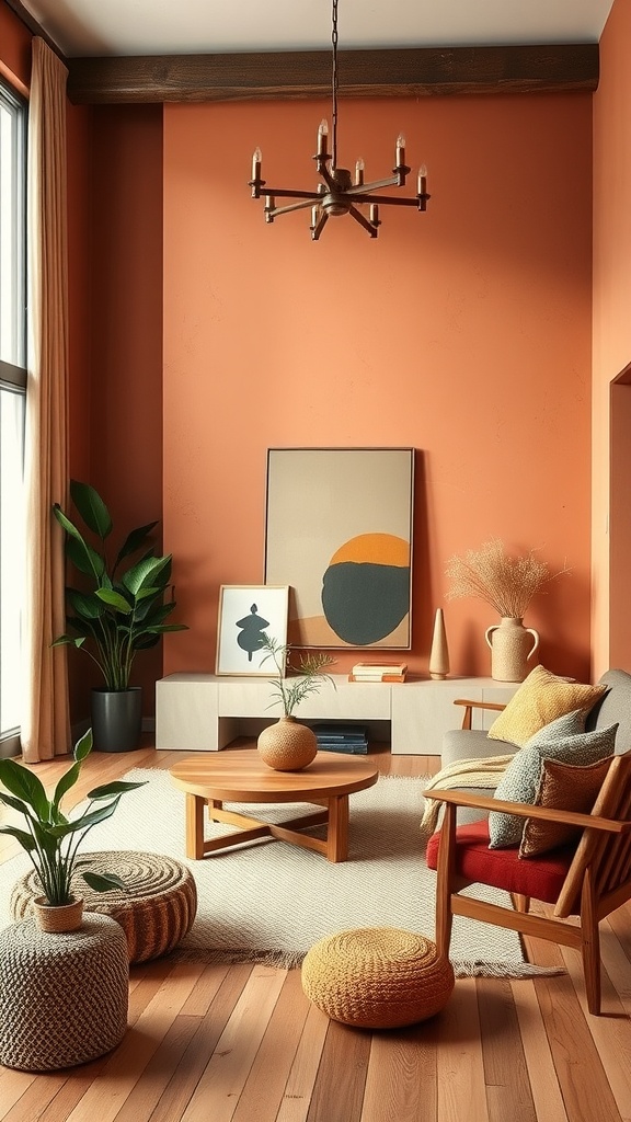 Living room with terracotta walls, wooden furniture, and plants