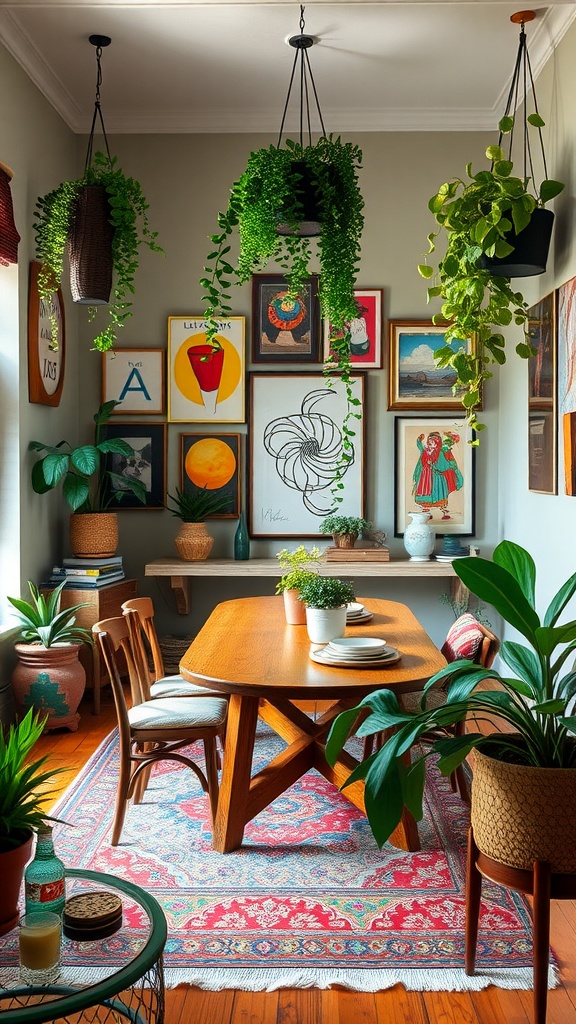 Cozy living room dining room combo with plants, art, and wooden furniture