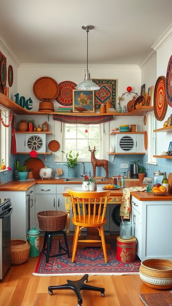 A cozy kitchen nook with eclectic decor, featuring wooden surfaces, colorful baskets, blue tiles, and a vibrant rug.