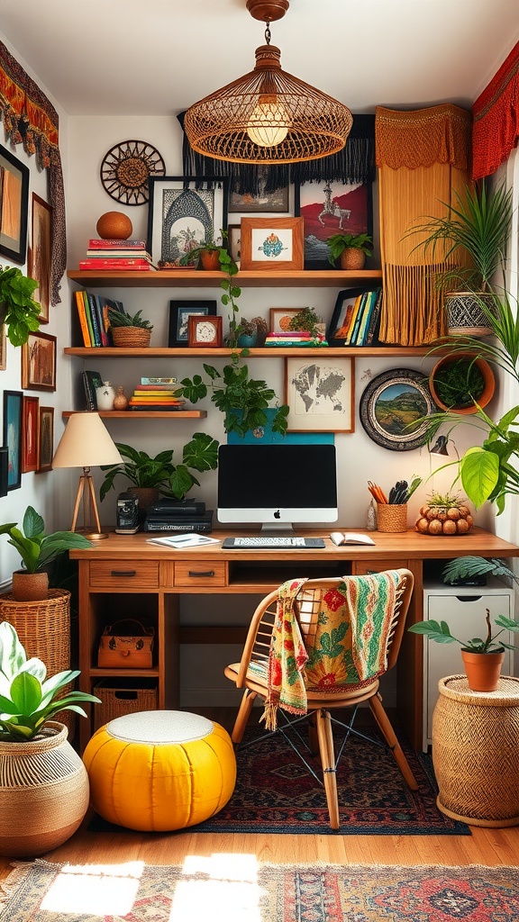 Eclectic bohemian workspace featuring wooden desk, colorful decor, plants, and a cozy chair.