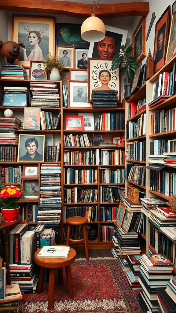 Cozy home library filled with books, artwork, and plants.