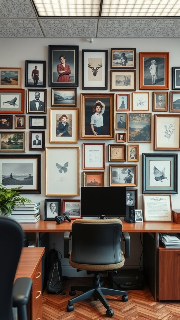 An eclectic gallery wall filled with various framed artworks and photographs in an office setting.