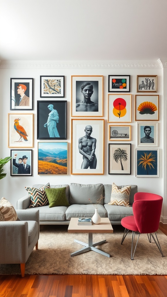 A vibrant gallery wall with various art pieces above a sofa in a living room-dining room combo.