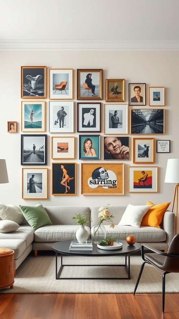 A cozy modern farmhouse living room with an eclectic gallery wall of framed art and photographs.