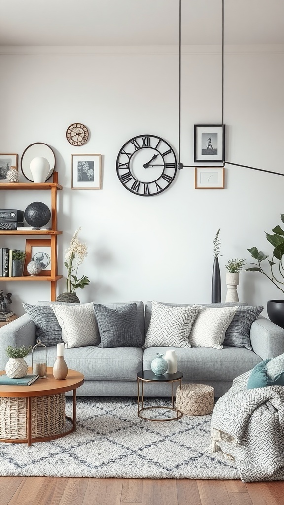 A cozy grey modern farmhouse living room with eclectic decor accessories, featuring a grey sofa, textured pillows, wooden coffee table, and stylish wall decor.