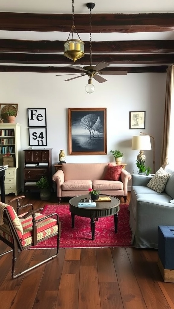 Living room with a mix of antique and modern furniture, featuring a pink couch, patterned armchair, and wooden beams.