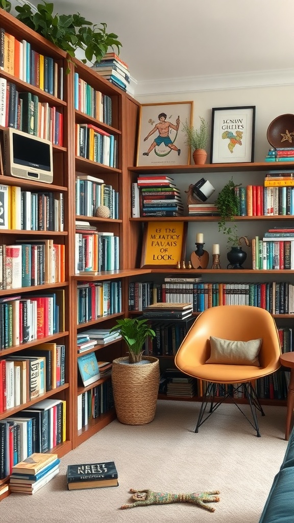 Cozy home library with colorful books, a comfortable chair, and decorative items.