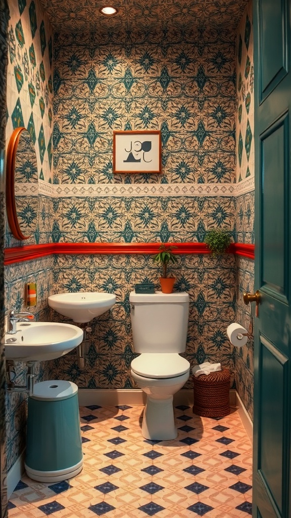 A modern bathroom featuring patterned wallpaper, geometric floor tiles, and stylish fixtures.