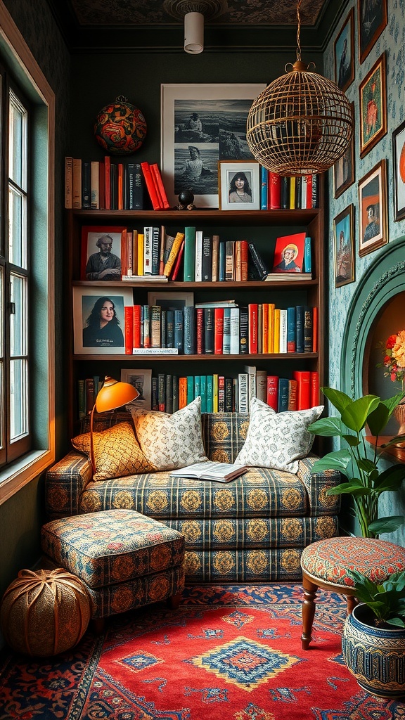 Cozy reading nook featuring a mix of patterns and textures with a sofa, ottoman, colorful bookshelves, and greenery.