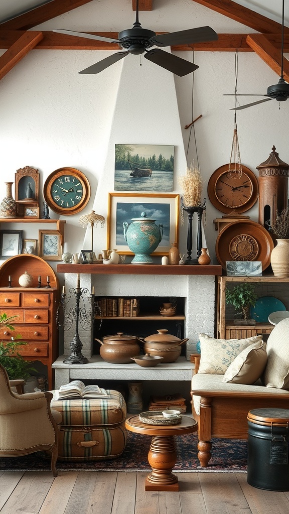 A cozy rustic farmhouse living room featuring a mix of vintage finds, wooden furniture, and eclectic decor.
