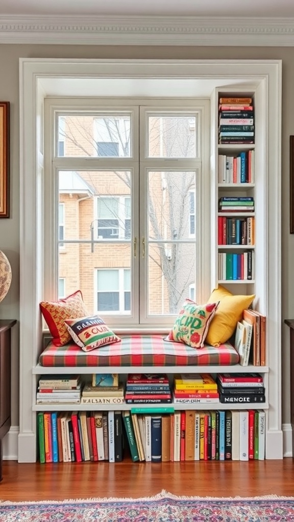Colorful window seat with cushions and bookshelves