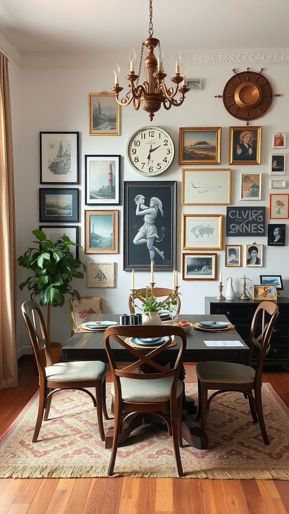 A cozy dining room with eclectic wall decor, featuring a mix of framed art, a central clock, and a rustic chandelier.