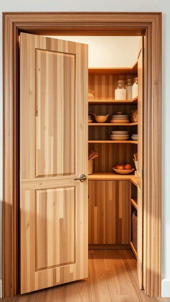 Eco-friendly bamboo pantry door with organized shelves inside