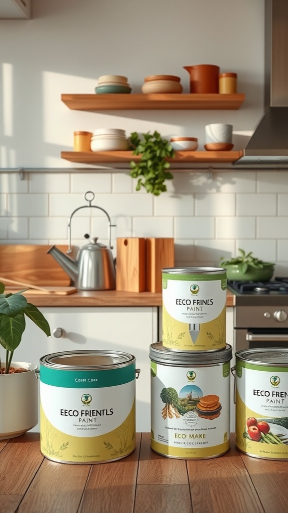 Cans of eco-friendly paint displayed in a bright kitchen setting with wooden shelves.