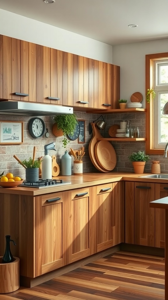 A cozy kitchen featuring eco-friendly recycled wooden cabinets, plants, and a warm color palette.