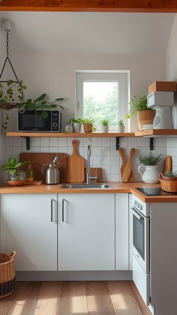 A small modern kitchen featuring wooden countertops, white cabinetry, houseplants, and minimalist appliances.